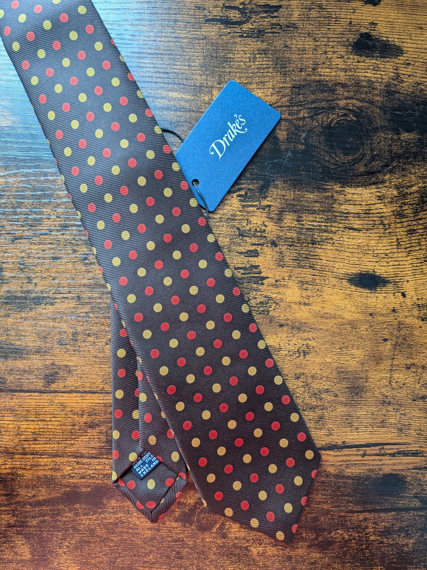 Drakes Brown Orange Yellow Handmade Polka Dot Hand-rolled Silk Tie With Tag