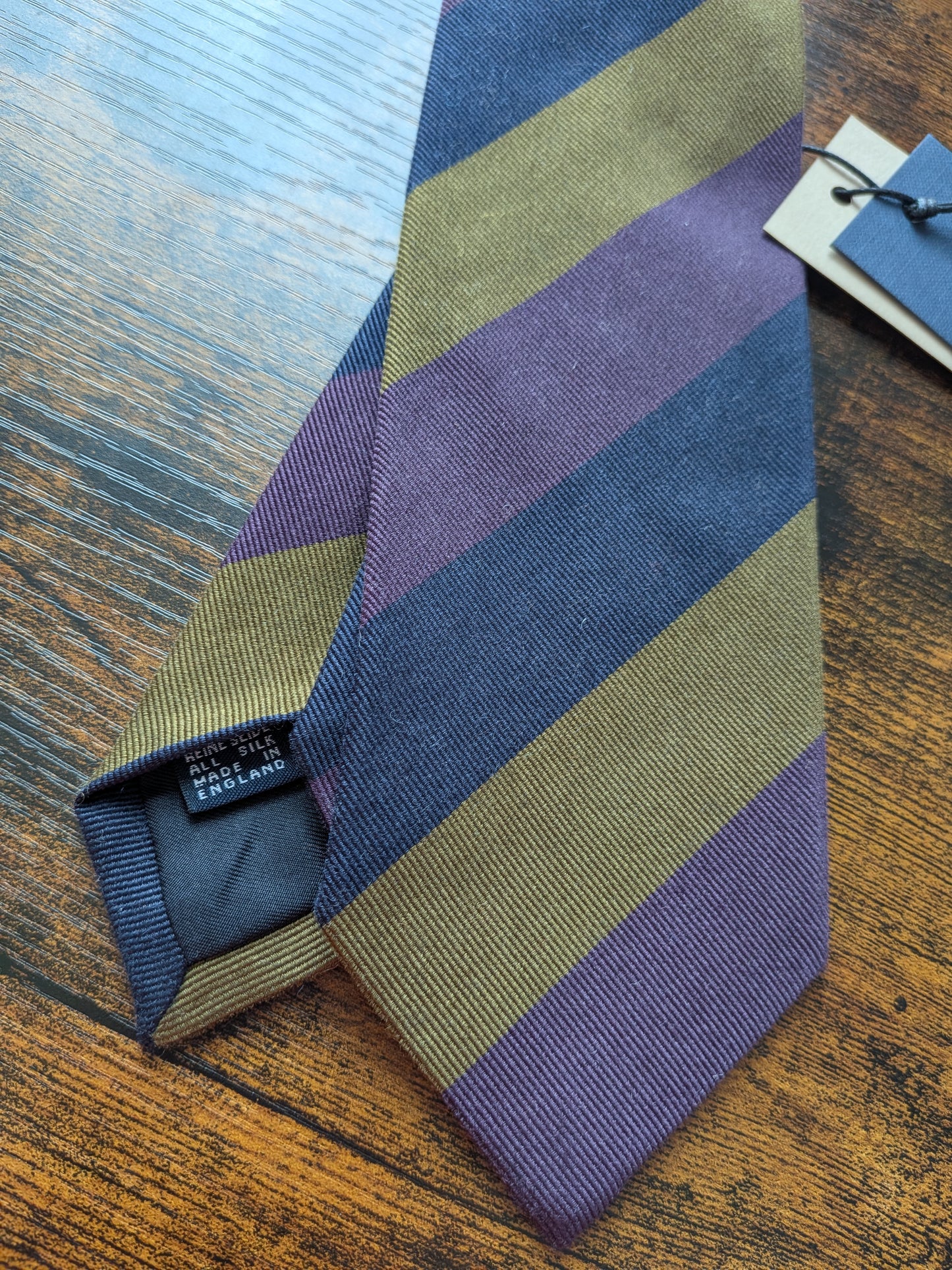 Drakes Purple Navy Mastard Handmade Striped Silk Tie With Tag