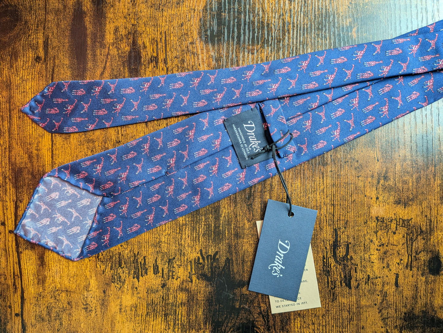 Drakes Blue Pink Giraffe Handmade Tipped Silk Tie With Tag Limited Edition