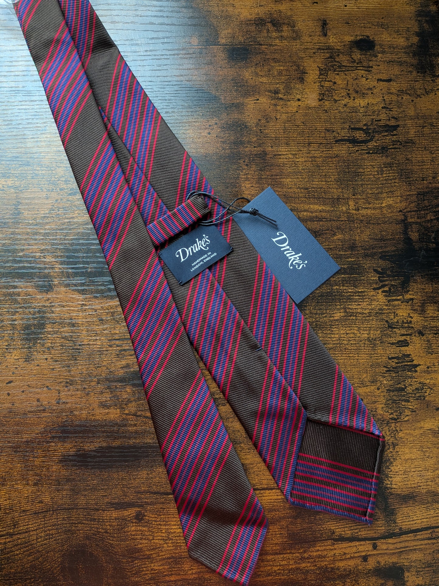 Drakes Brown Red Blue Handmade Striped Silk Tie With Tag