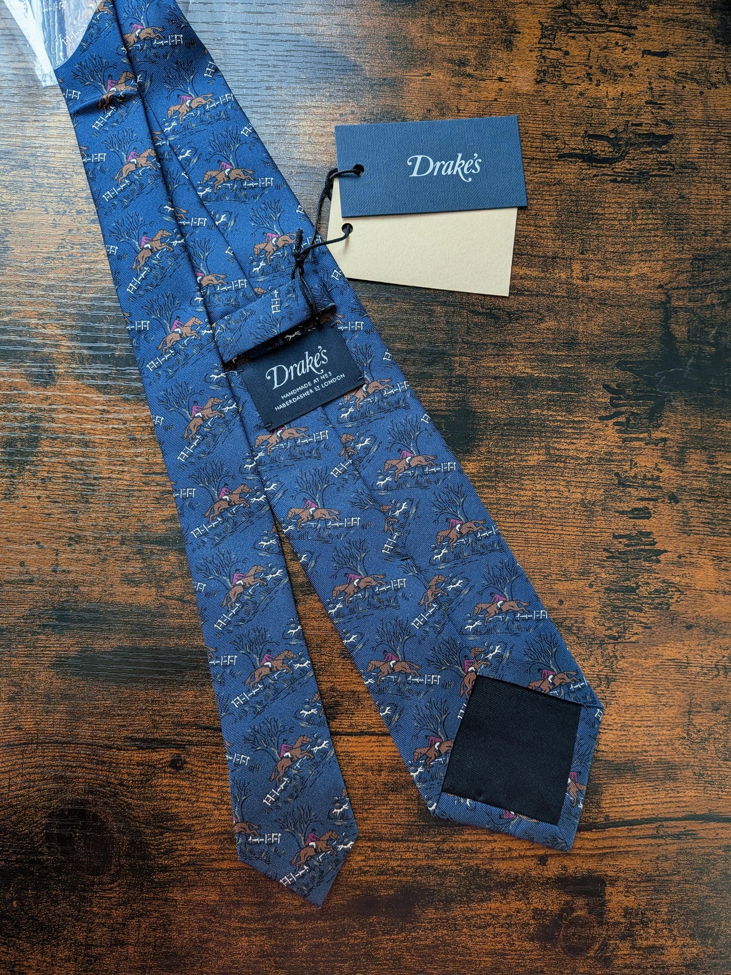 Drakes Horse Riding Navy Handmade Tipped Silk Tie With Tag Limited Edition
