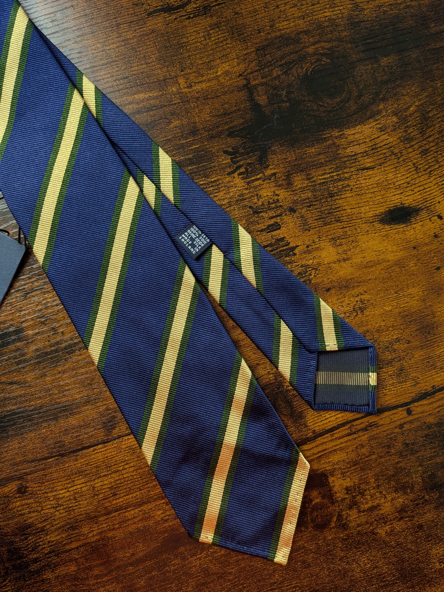 DrakesIndigo Blue Green Yellow Handmade Striped Silk Tie With Tag