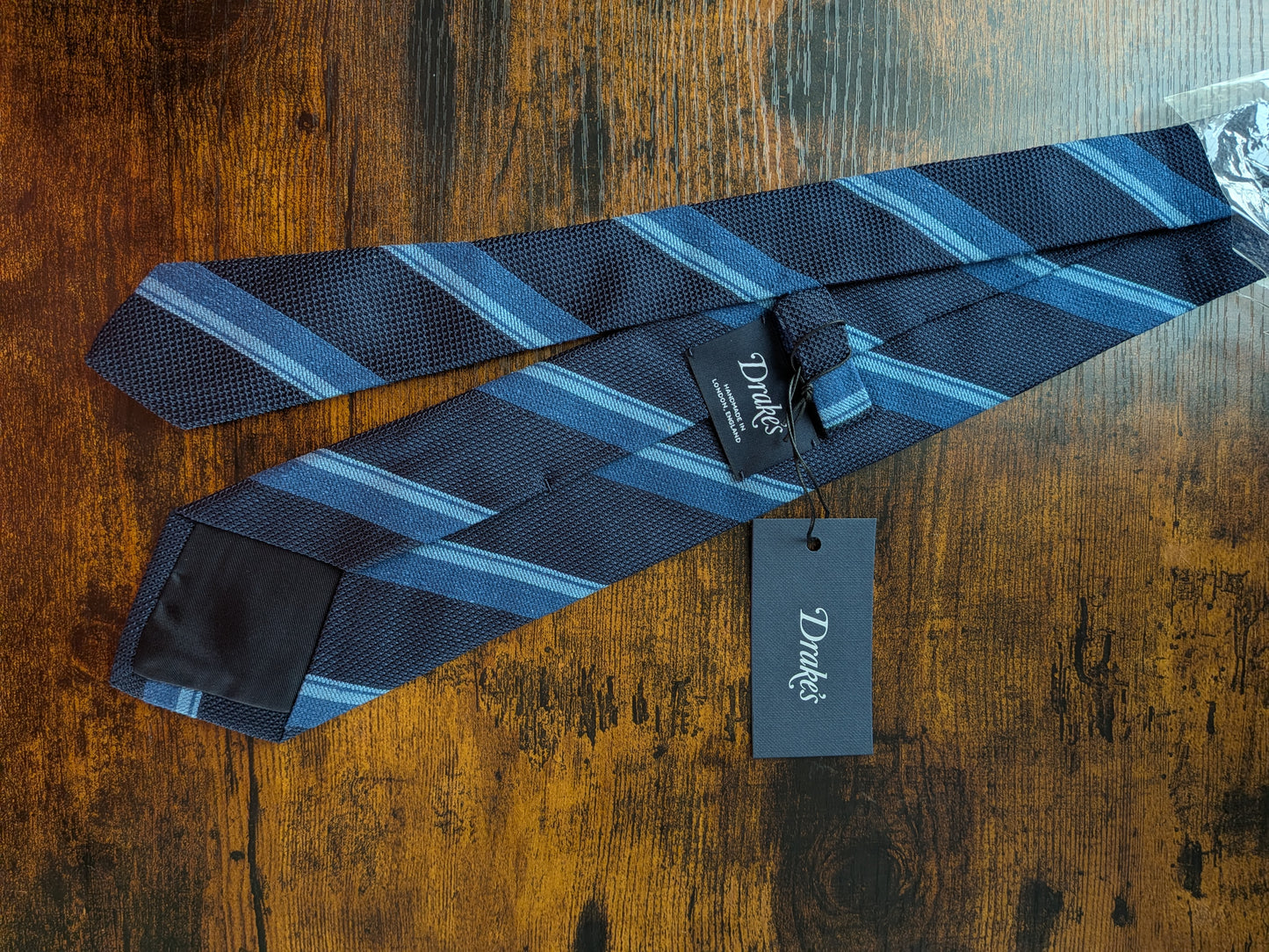 Drakes Dark and Light Blue Handmade Striped Silk Tie With Tag
