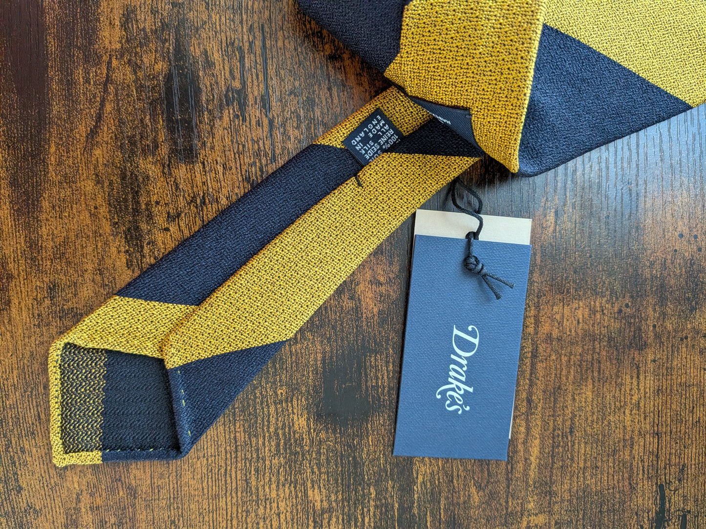 Drakes Yellow Dark Navy Block Striped Handmade Silk Tie With Tag