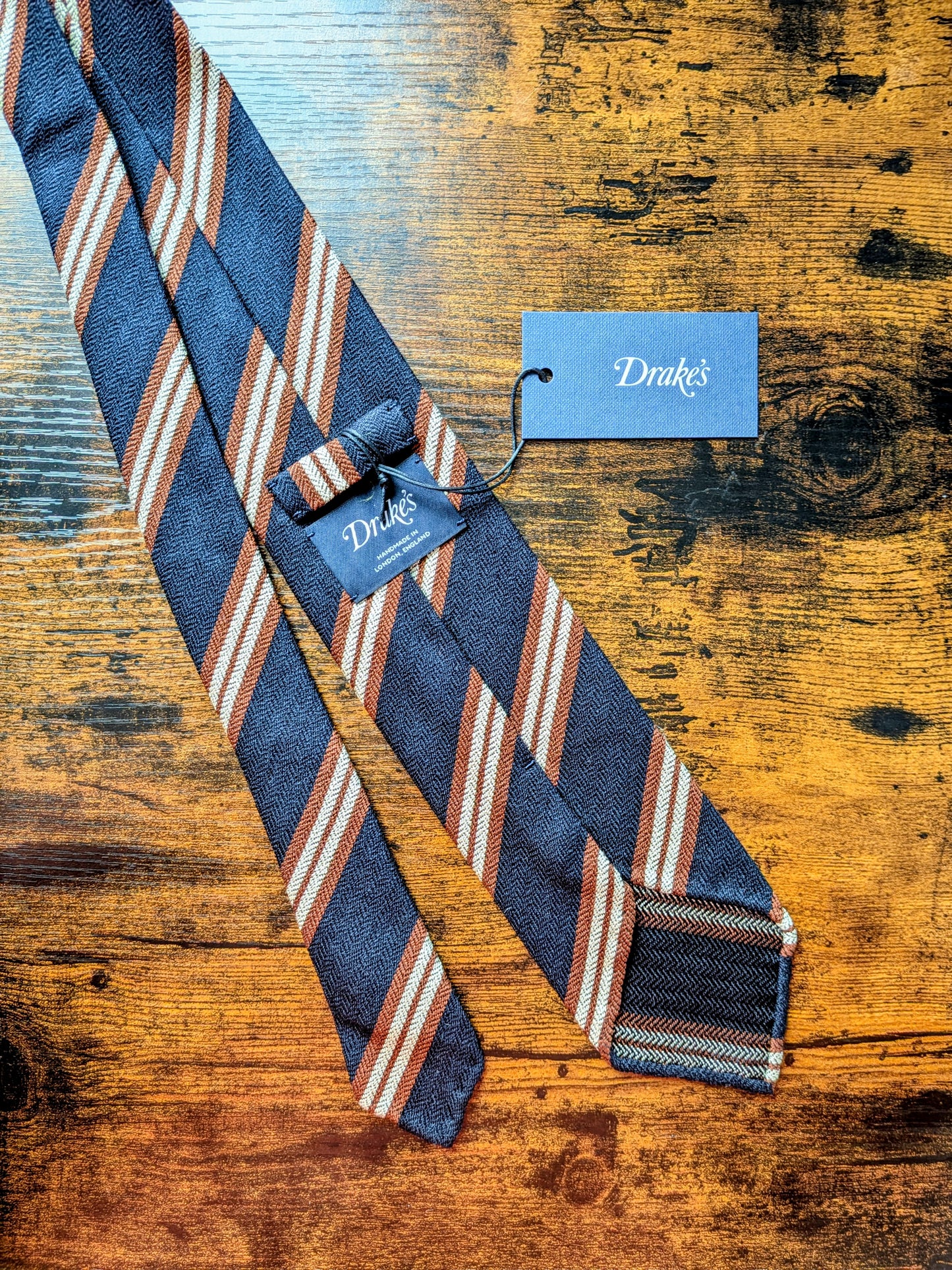 Drakes Navy Brown White Handmade Striped Silk Tie With Tag