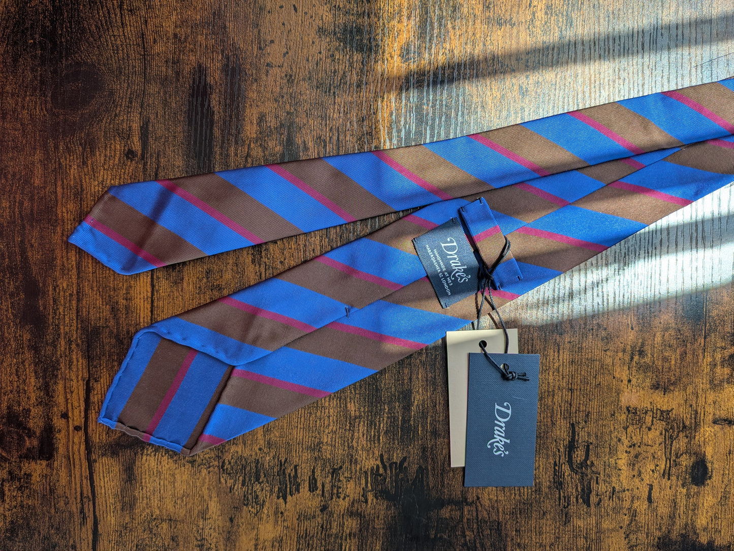 Drakes Blue Brown Red Block Striped Handmade Silk Tie With Tag