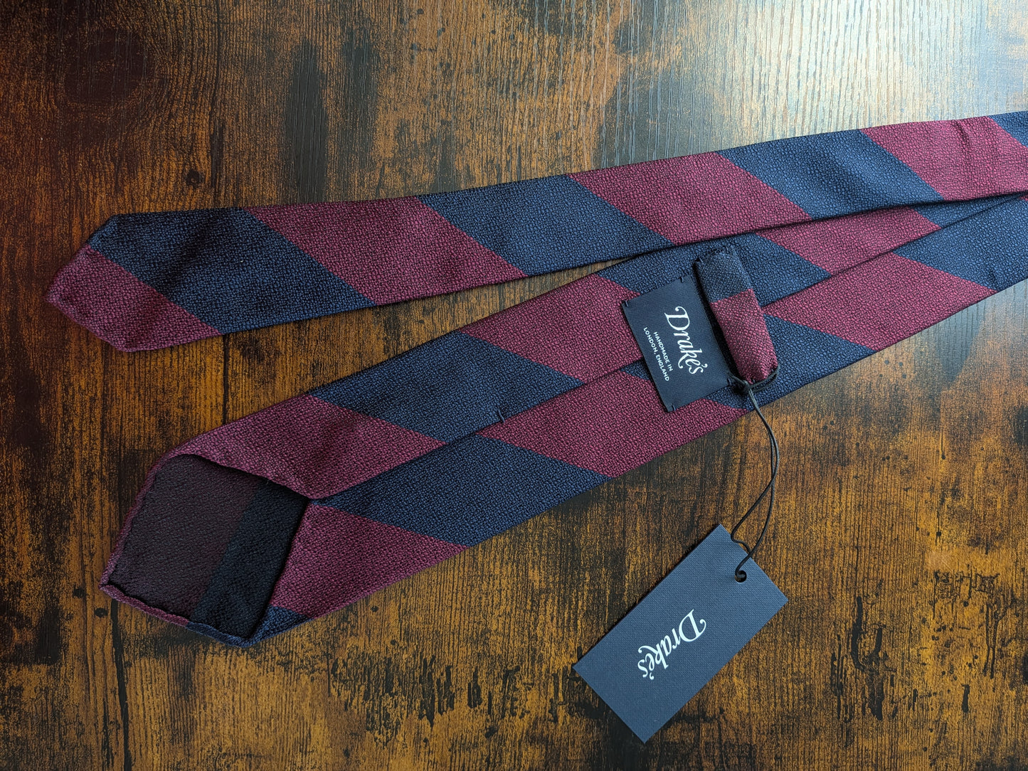 Drakes Burgundy Navy Striped Handmade Silk Tie With Tag