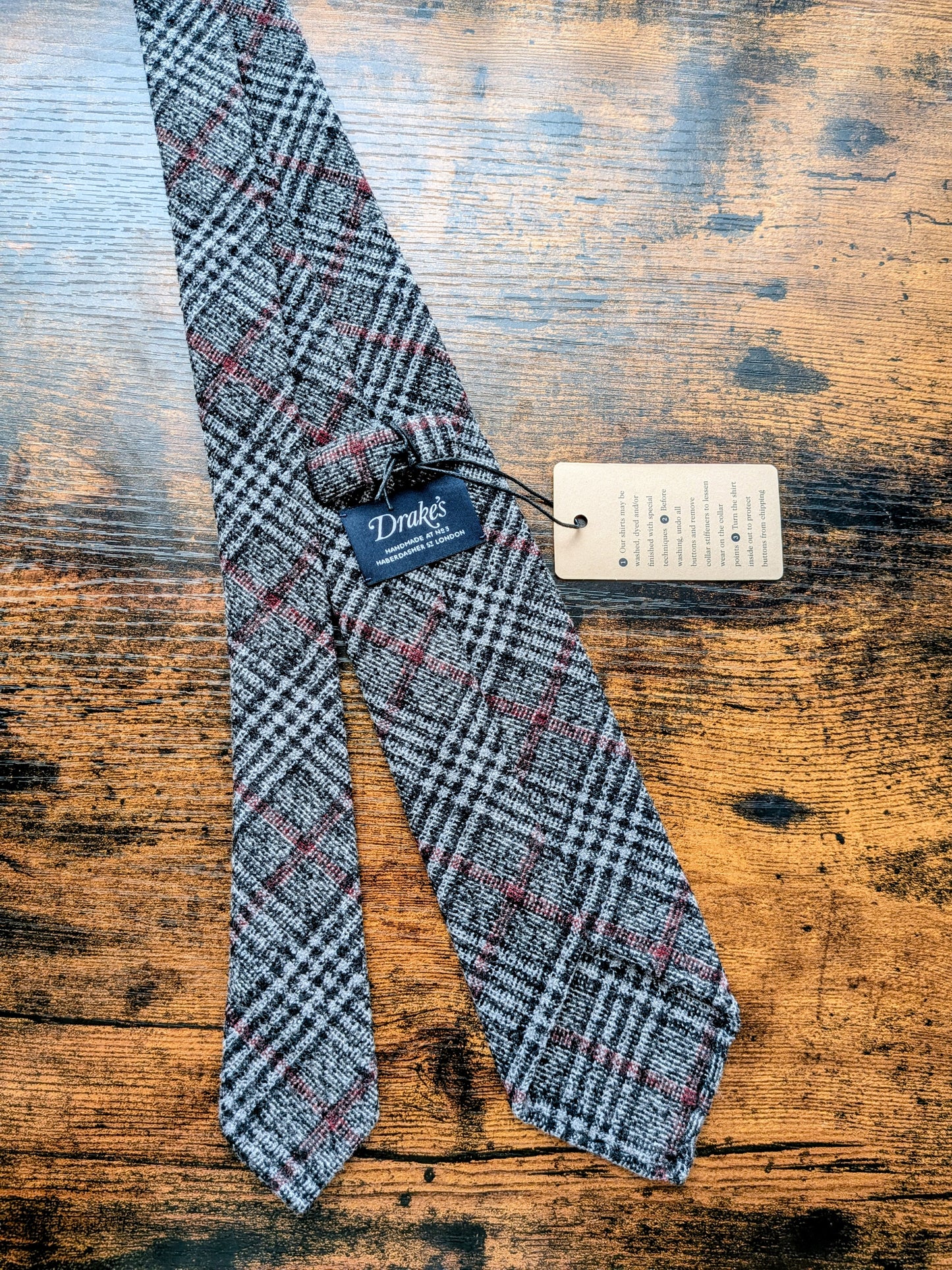 Drakes Grey Red Check Handmade Silk Tie With Tag