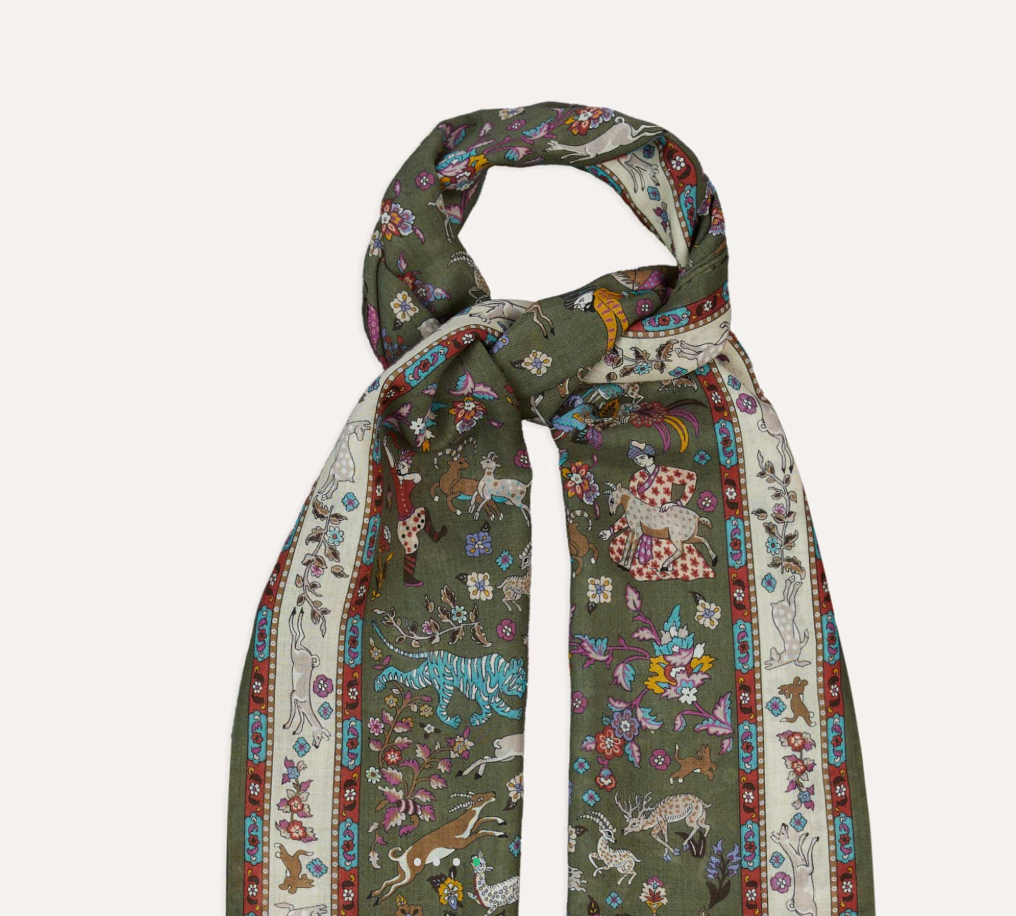Drake's Green Summer Mughal Print Wool Silk Scarf Limited Edition
