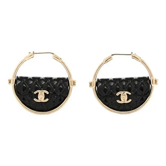 Chanel Runway Quilted Metal Resin Flap Bag Hoop Earrings Limited Edition Black Gold