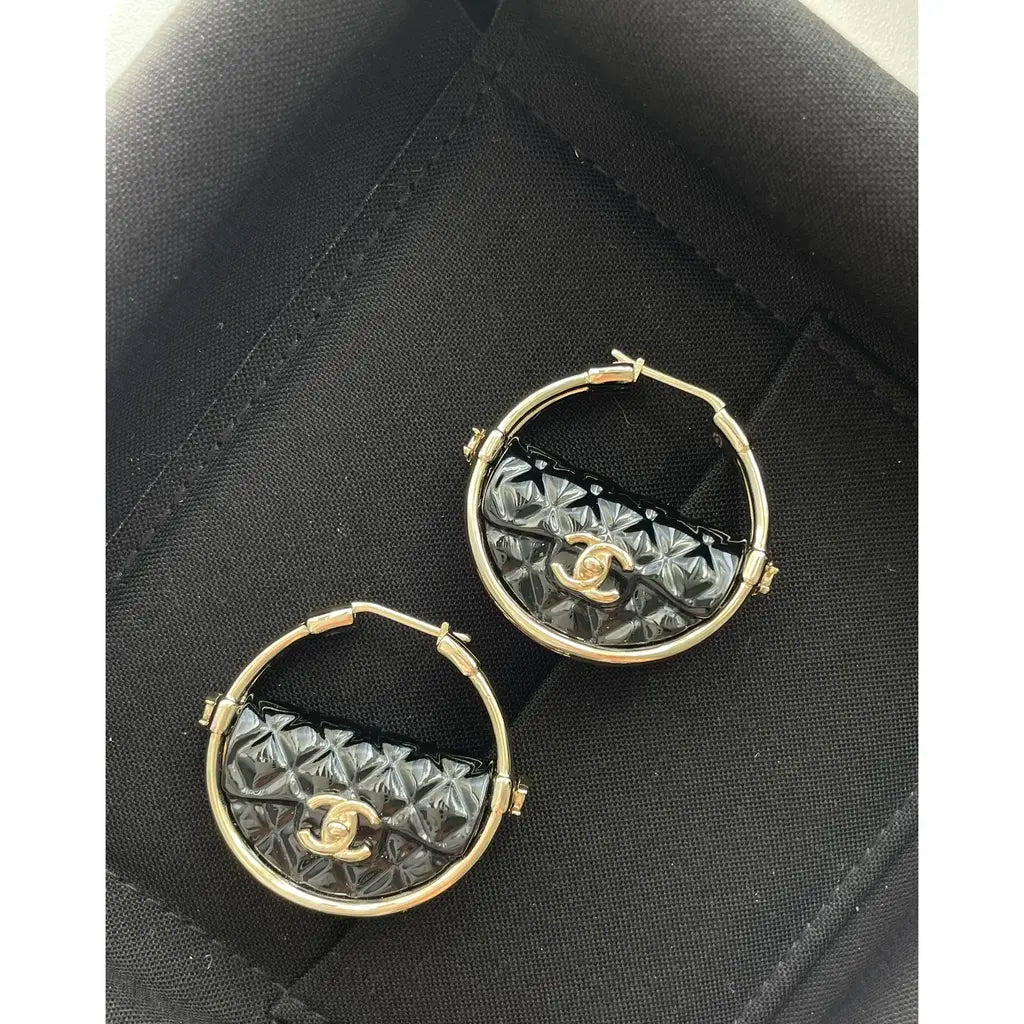 Chanel Runway Quilted Metal Resin Flap Bag Hoop Earrings Limited Edition Black Gold