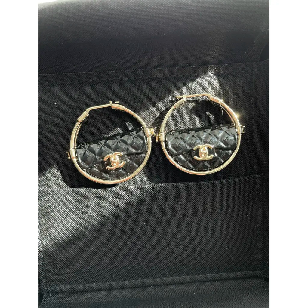 Chanel Runway Quilted Metal Resin Flap Bag Hoop Earrings Limited Edition Black Gold