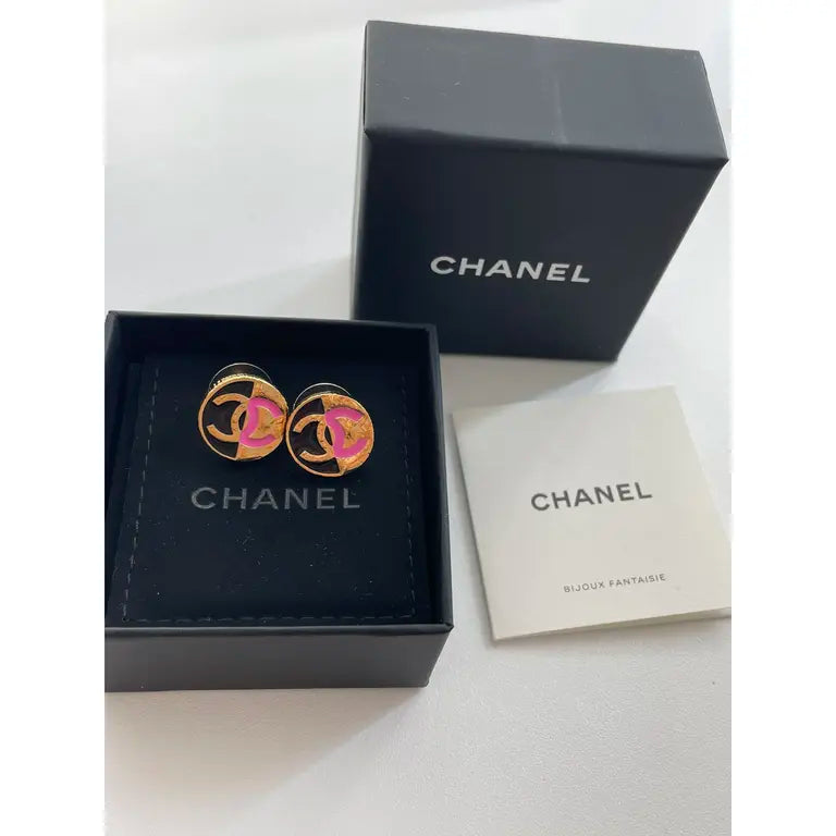 Chanel 24C Black Pink CC Logo Stud Earrings
