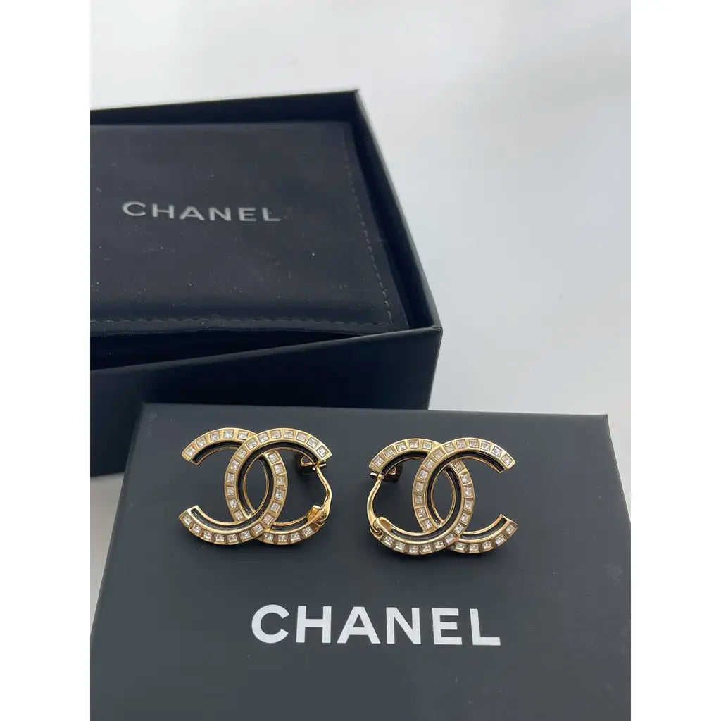 Chanel 24C Black Enamel CC Rhinestone Stud Earrings