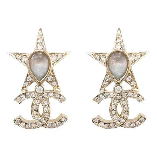 Chanel 24P Gold Stud Earrings with Star Rhinestones and CC Logo
