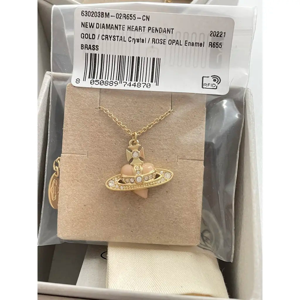 Vivienne Westwood Reverse Diamente Heart Necklace With dust bag Gold/Crystal/Rose Opal