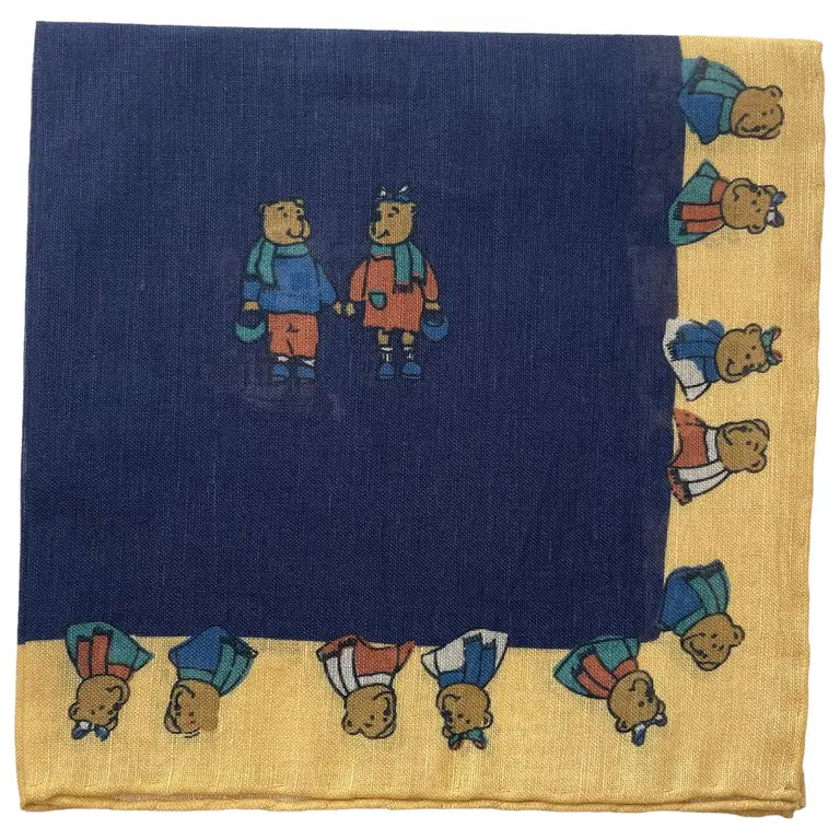 Drakes Linen/Cotton Teddy Bear Print Pocket Square Limited Edition