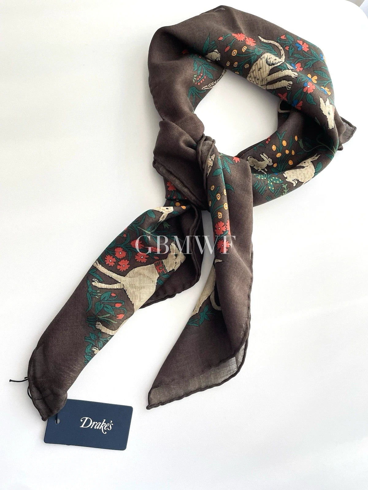 Drakes Brown Unicorn Print Wool-Silk Square Scarf 90*90cm