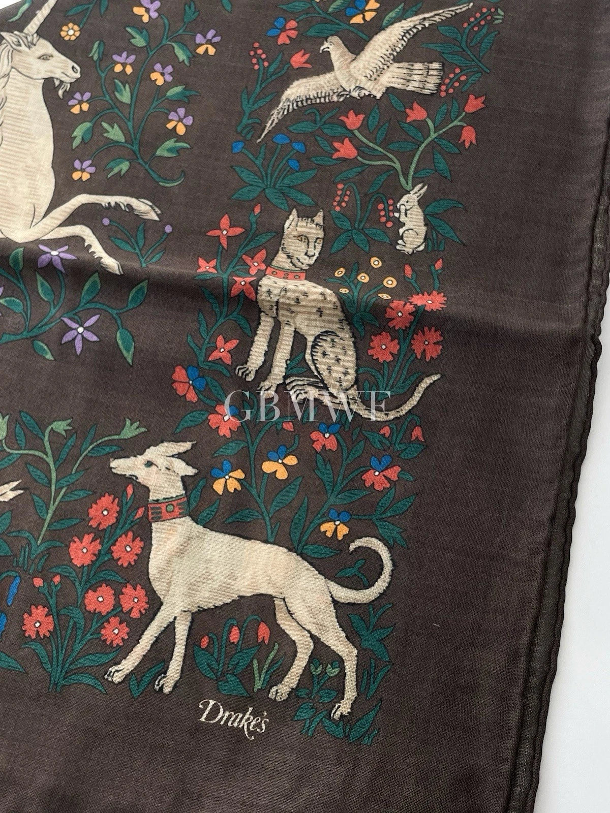 Drakes Brown Unicorn Print Wool-Silk Square Scarf 90*90cm