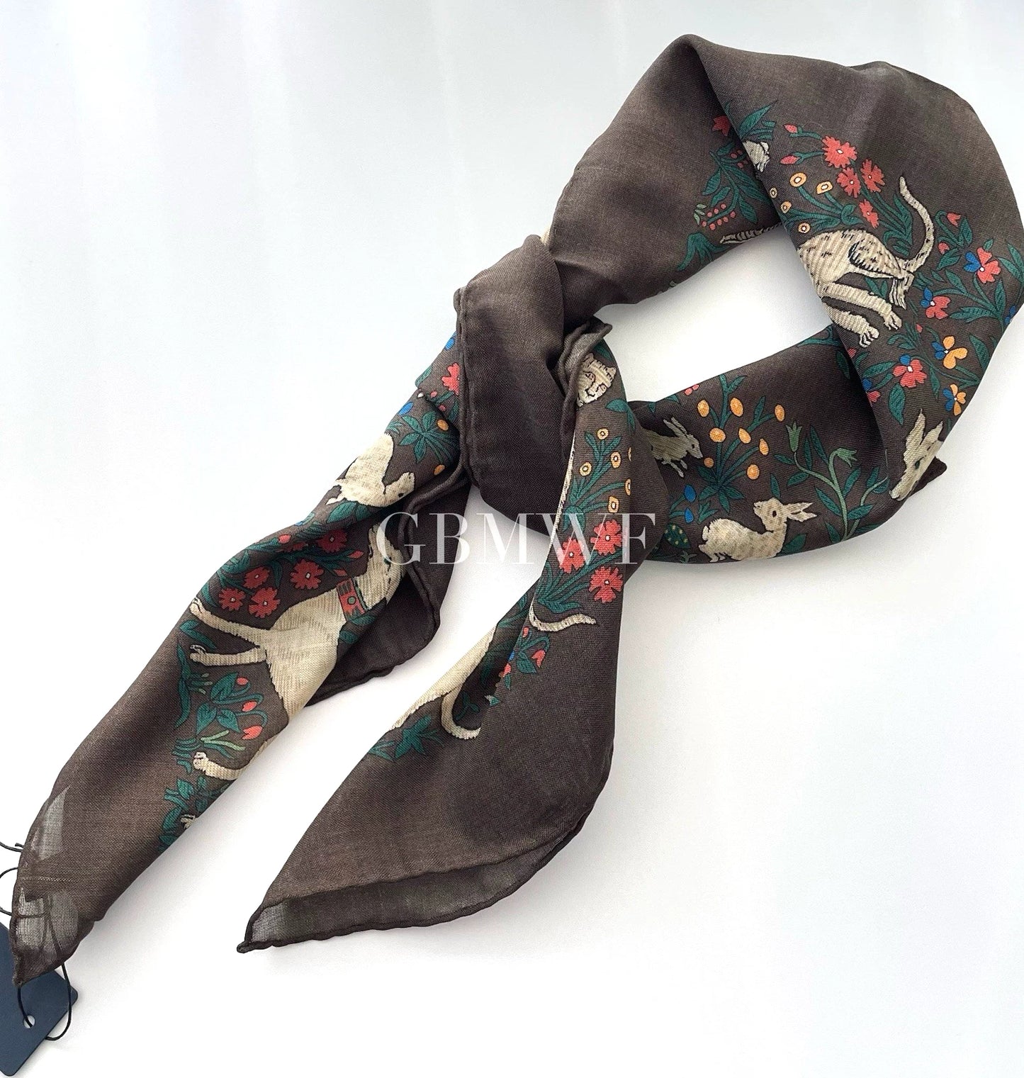 Drakes Brown Unicorn Print Wool-Silk Square Scarf 90*90cm