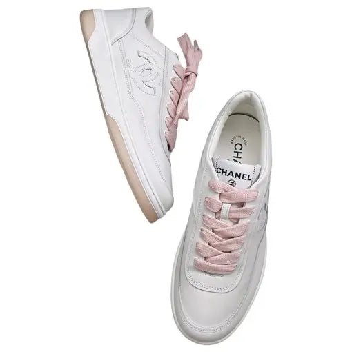 Chanel 24P White Calfskin Sneakers With Pink Laces Size 38