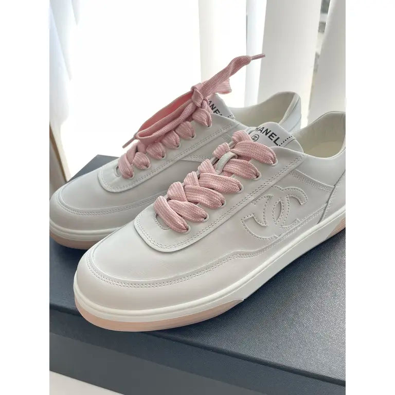 Chanel 24P White Calfskin Sneakers With Pink Laces Size 38