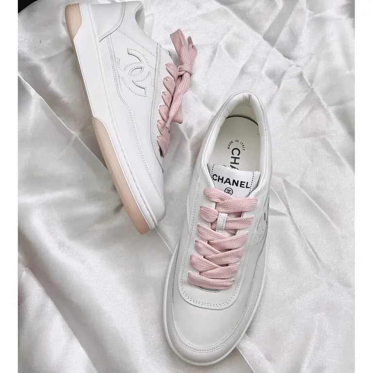 Chanel 24P White Calfskin Sneakers With Pink Laces Size 38