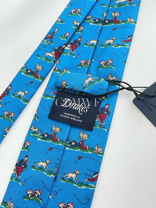 Drakes Men with Dog Handmade Tipped Silk Tie With Tag Limited Edition