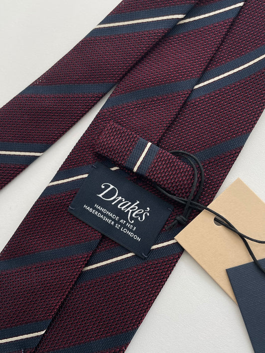 Drakes Burgundy Block Stripe Handmade Premium Silk Tipped Tie