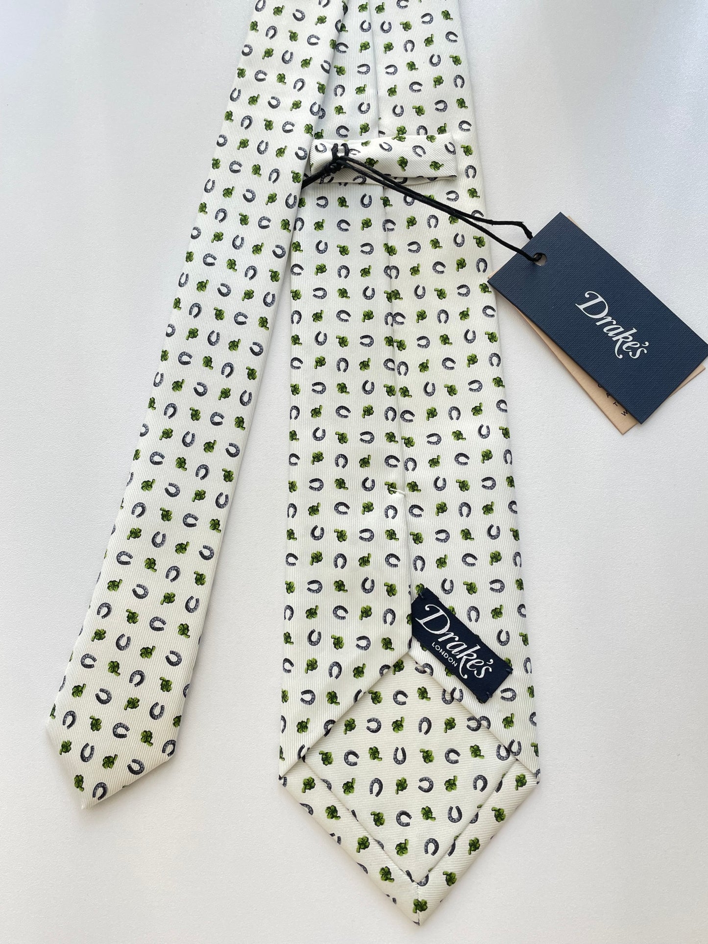 Drakes Handmade Tipped Silk Tie With Tag Horseshoe and Four-leaf clover