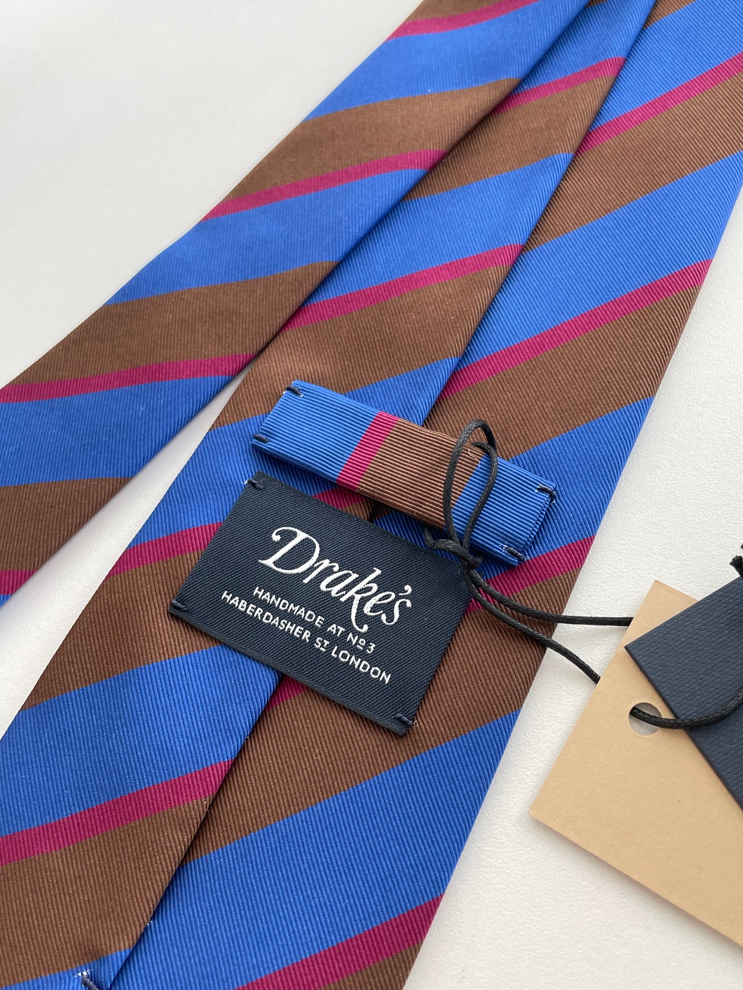 Drakes Handmade Striped Rolled Edge Cotton Silk Tie With Tag