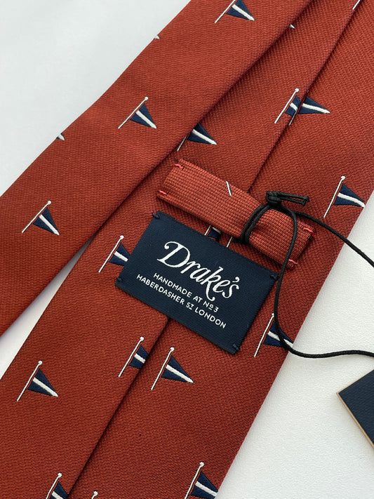 Drakes Nautical Signal Flag Rolled-edge Handmade Silk Tie With Tag
