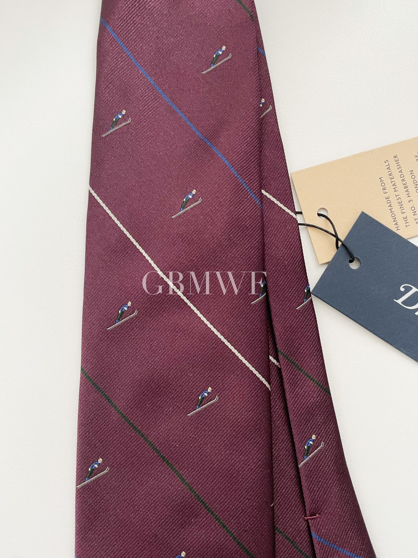 Limited Drakes Burgundy Handmade Silk Tie with Skiing Motif Sports Collection