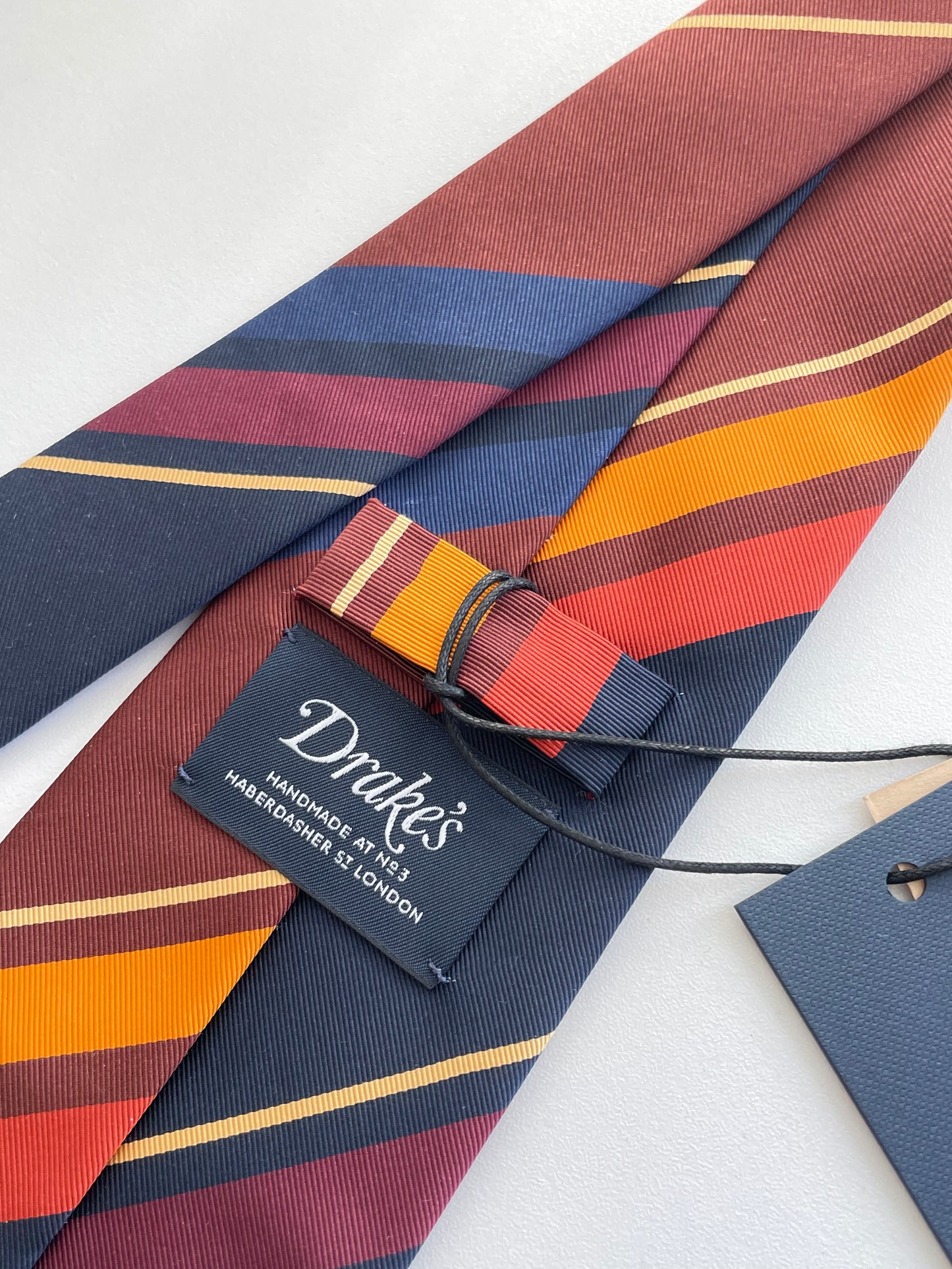 Drakes Handmade Striped Cotton Silk Tipped Tie With Tag