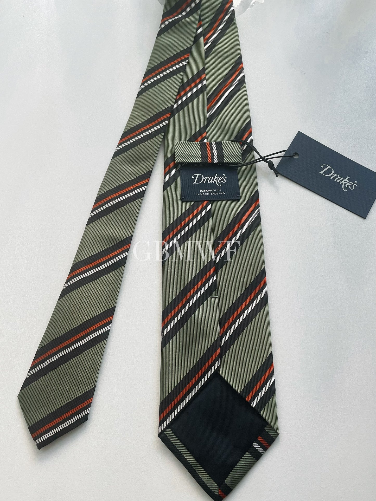 Drakes Handmade Striped Tipped Silk Tie With Tag