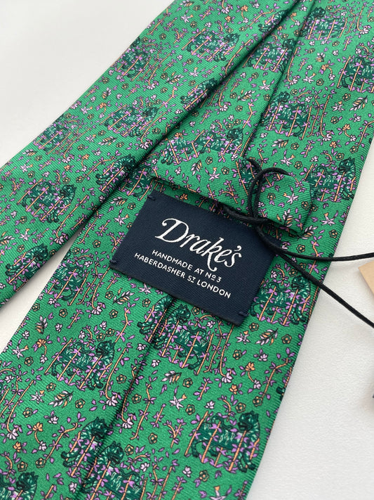 Drakes Tiger and Blooms Motif Handmade Tipped Silk Tie With Tag