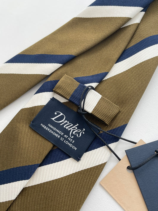 Drakes Hand-rolled Edge Block Multi Stripe Silk Handmade Tie With Tag