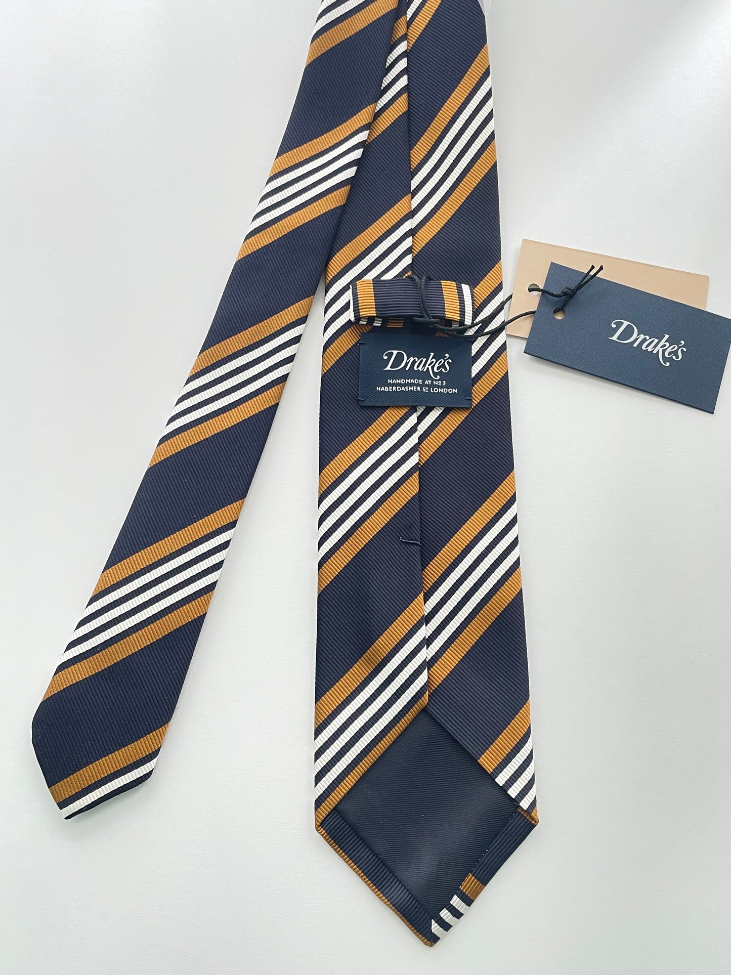 Drakes Handmade Striped Tipped Silk Tie With Tag