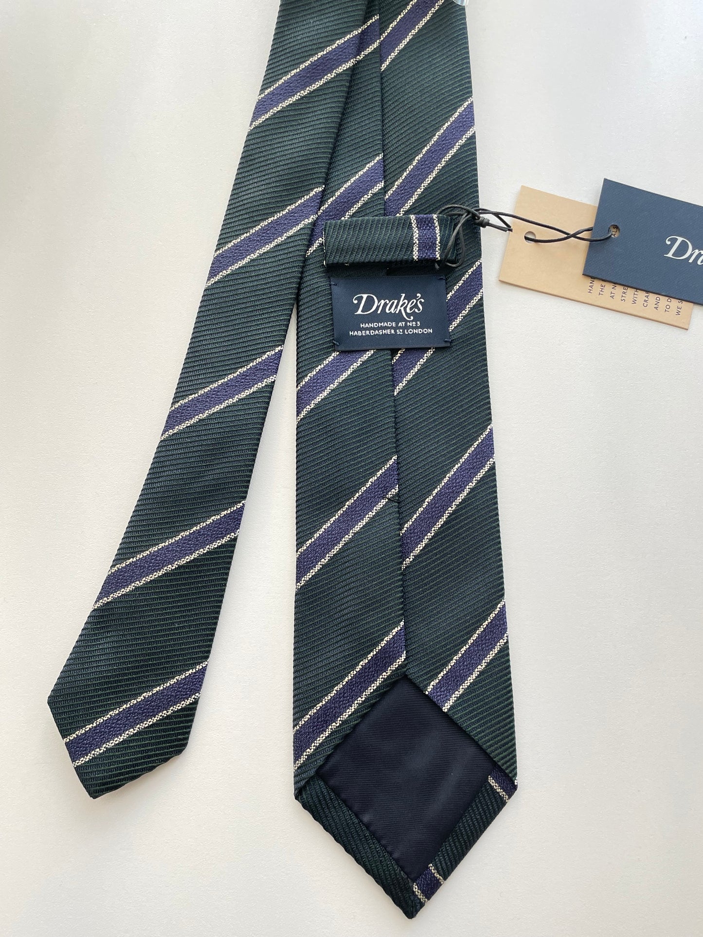 Drakes Handmade Striped Tipped Silk Tie With Tag