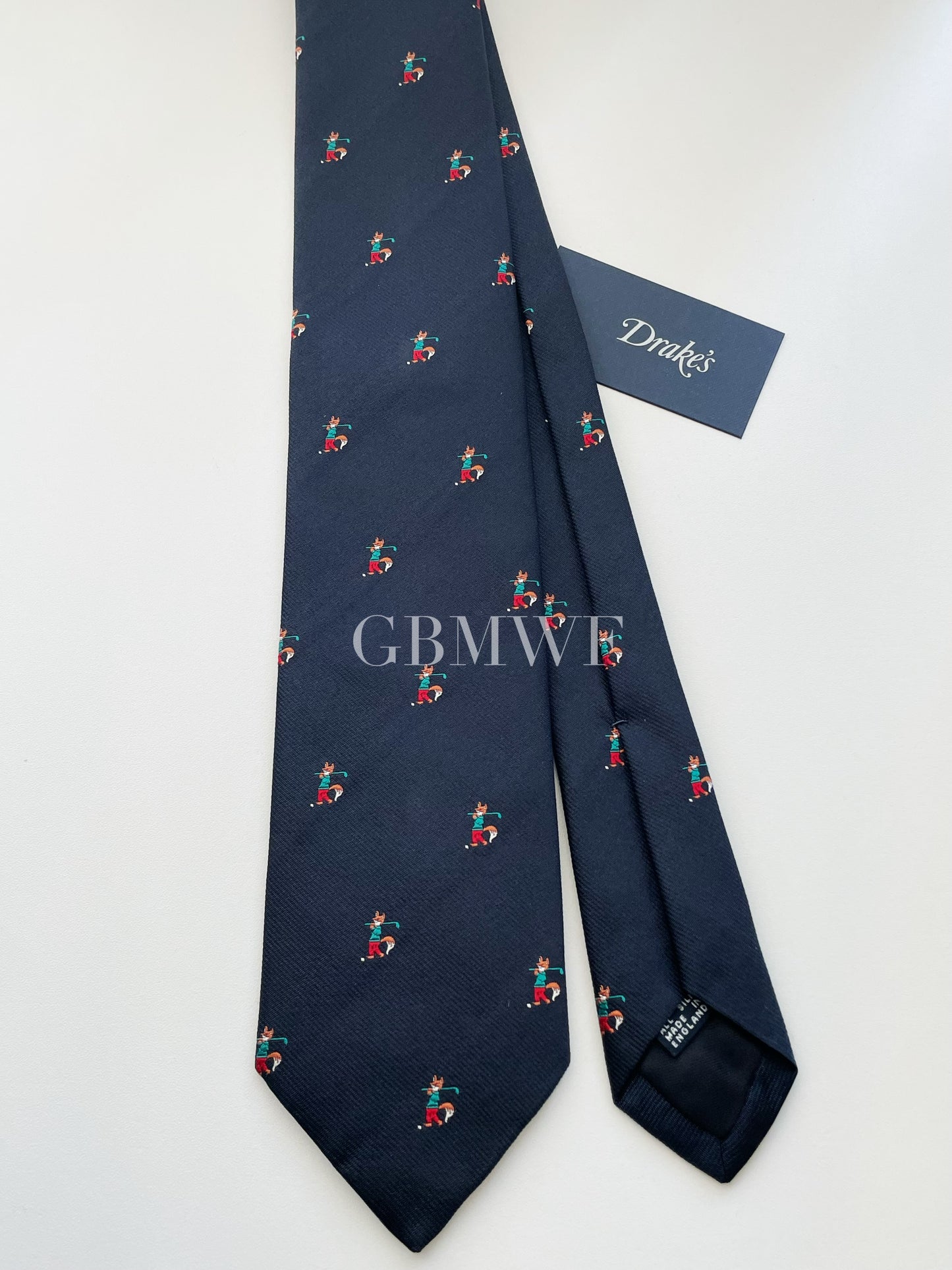Drakes Handmade Tipped Silk Tie With Tag Golf Fox Limited Edition