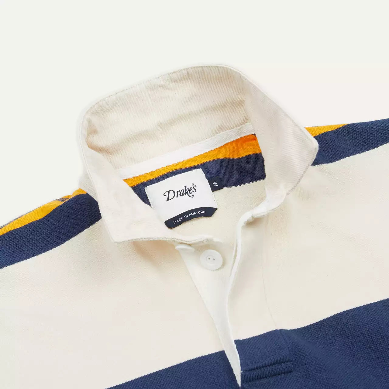 Drakes Ecru, Navy and Yellow Stripe Cotton Rugby Shirt Size Medium