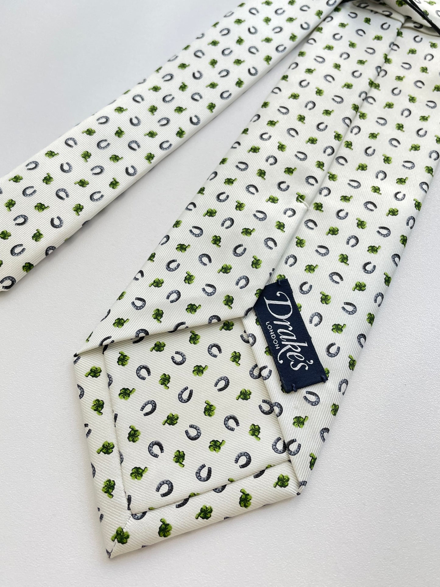 Drakes Handmade Tipped Silk Tie With Tag Horseshoe and Four-leaf clover