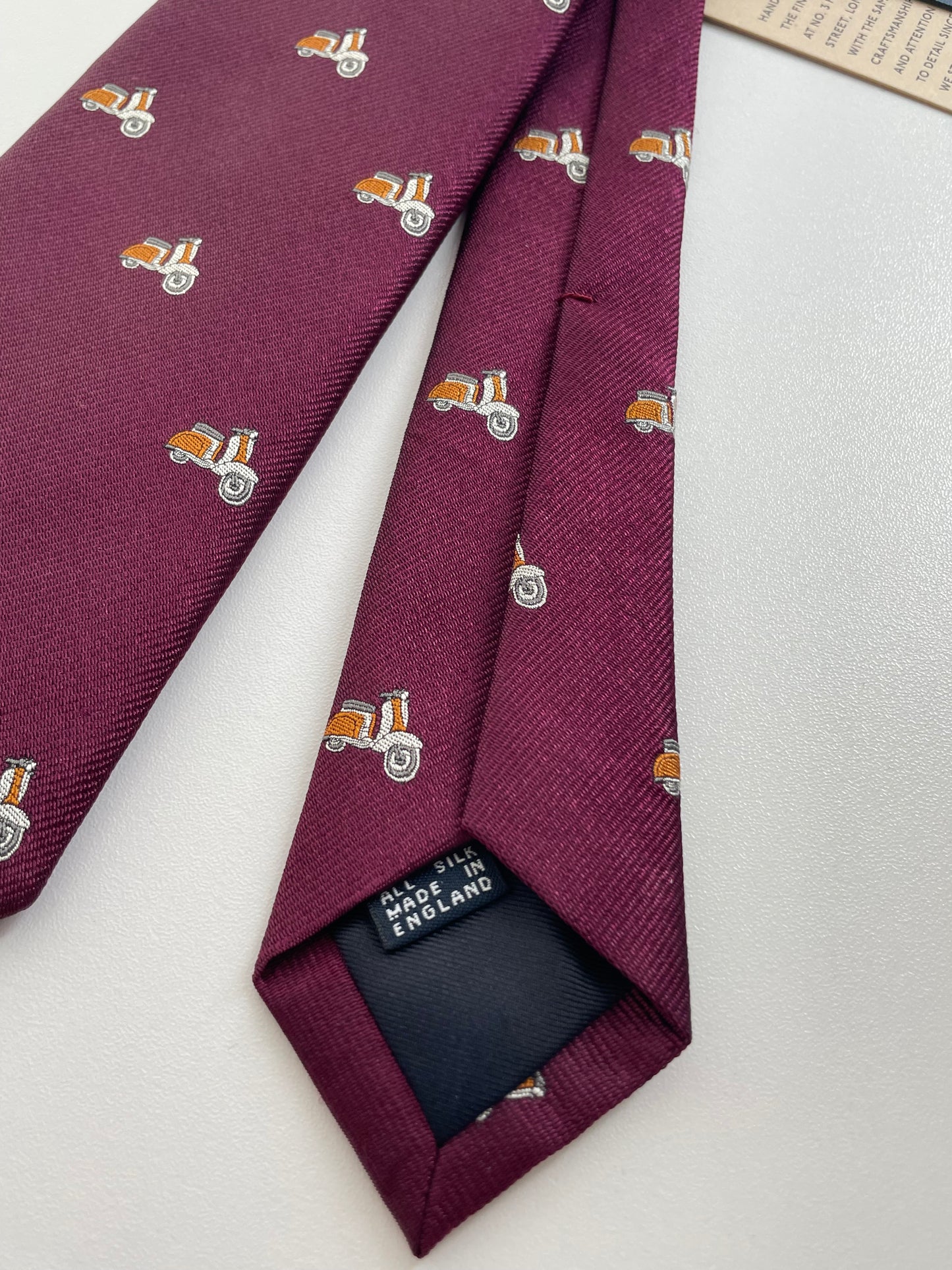 Drakes Motor Motif Burgundy Silk Tie Handmade Tie Limited Edition