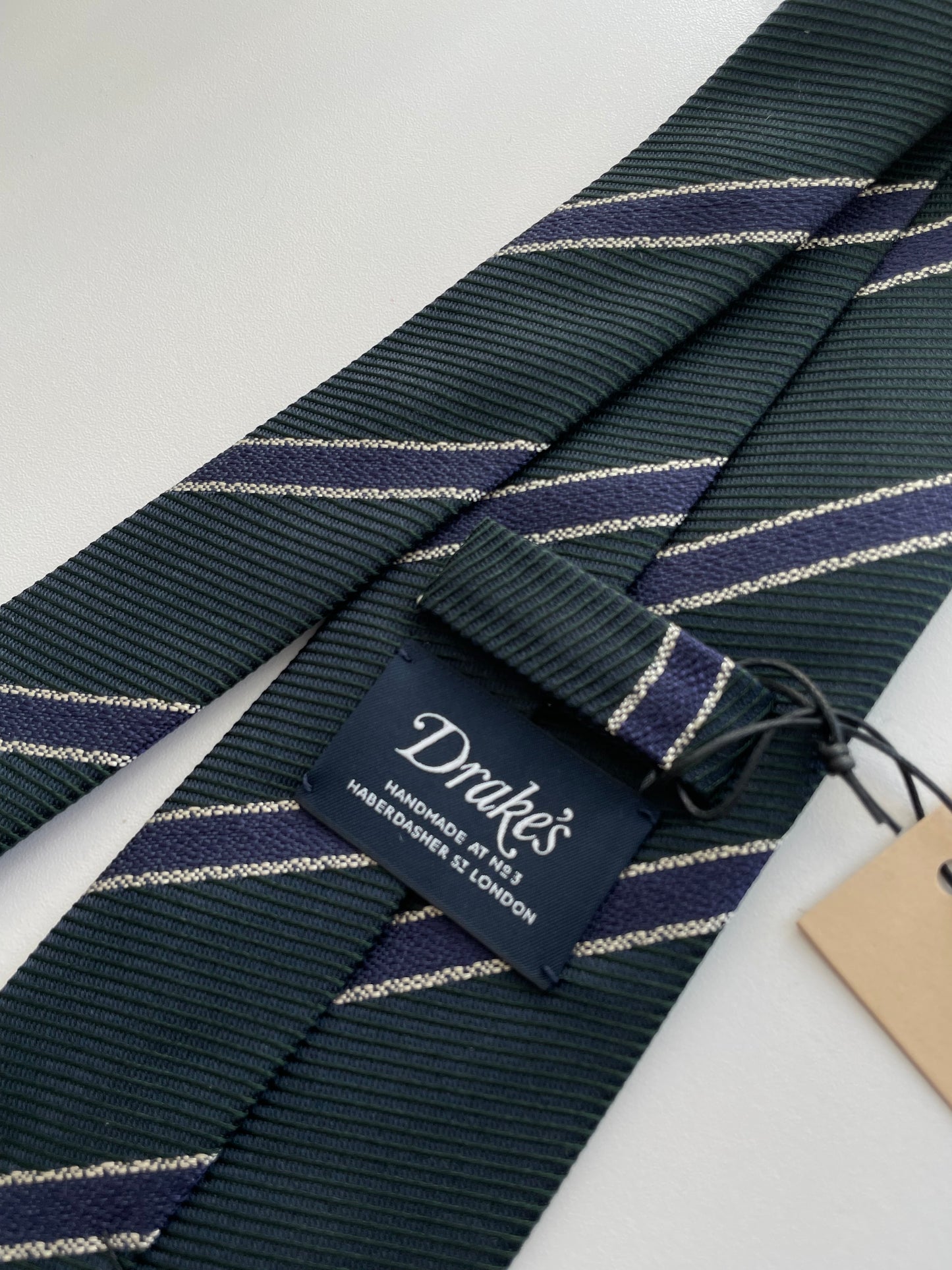Drakes Handmade Striped Tipped Silk Tie With Tag