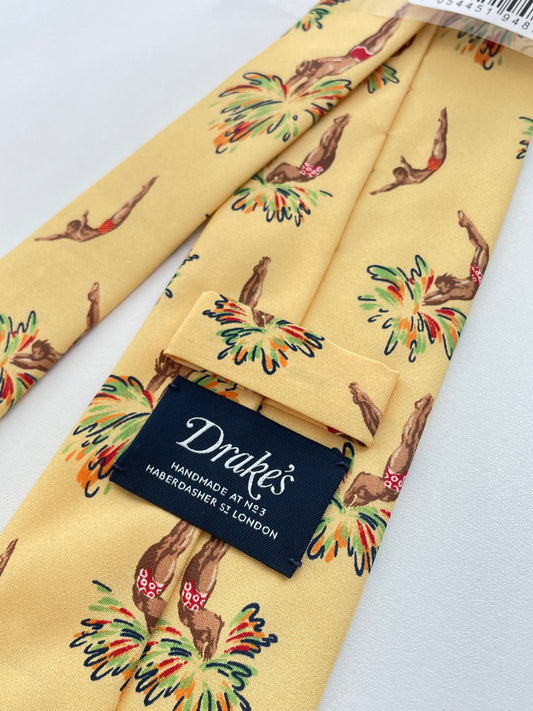 Drakes Diving Motif Handmade Tipped Silk Tie With Tag Limited Edition