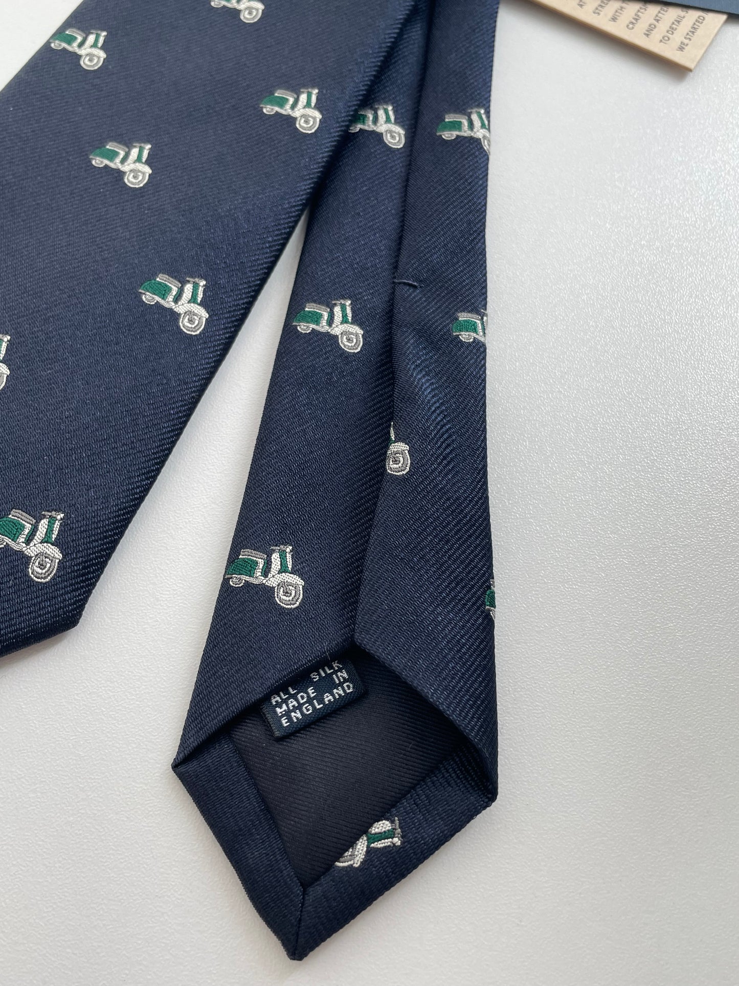 Drakes Motor Motif Navy Silk Tie Handmade Tie Limited Edition
