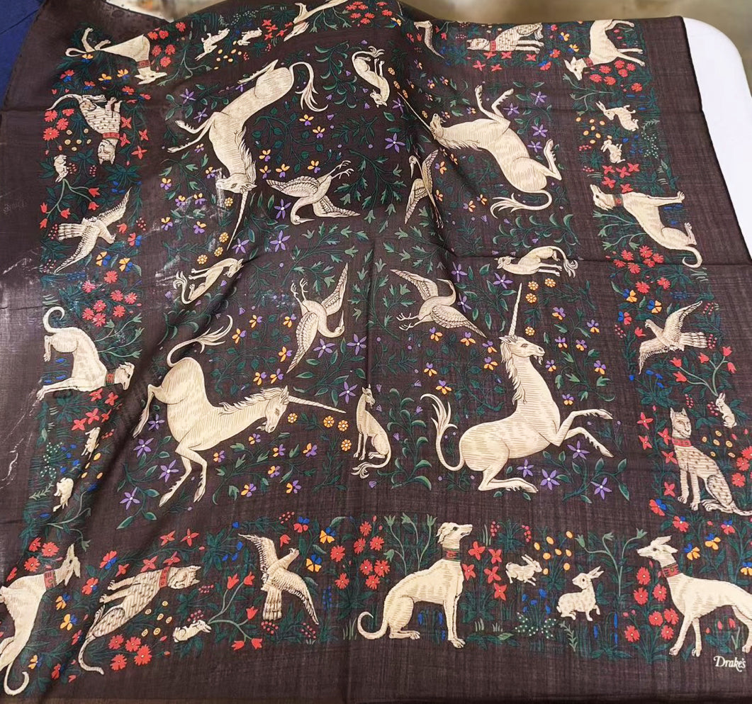 Drakes Brown Unicorn Print Wool-Silk Square Scarf 90*90cm