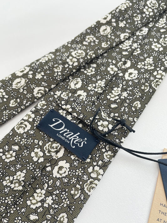 New Drakes Olive Green Floral Handmade Tie With Tag Limited Edition