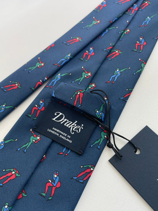 Drakes Short Track Speed Skating Handmade Tipped Silk Tie With Tag