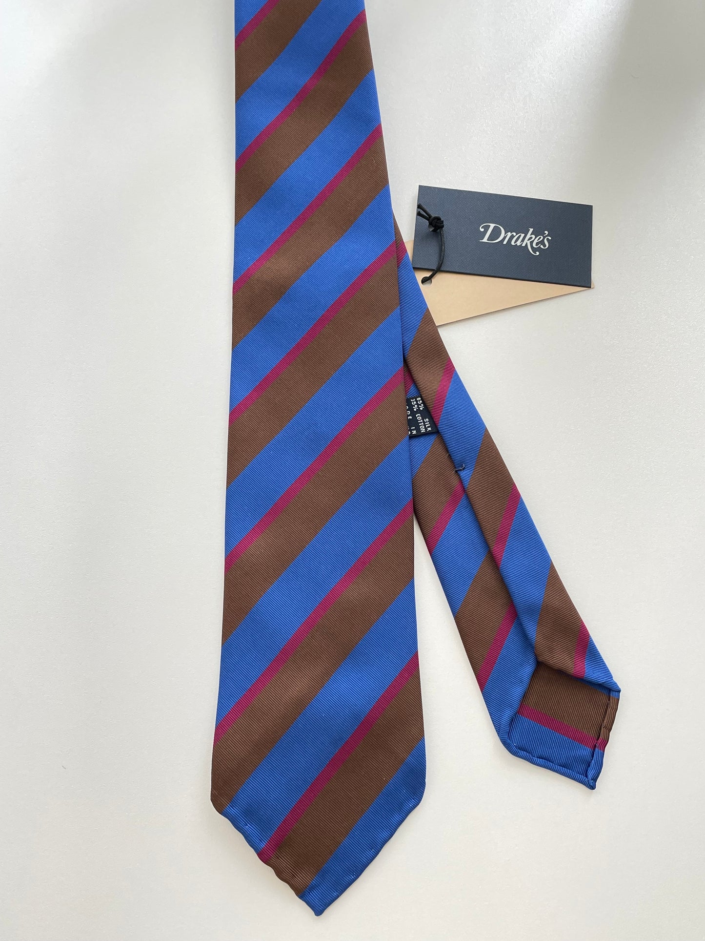 Drakes Handmade Striped Rolled Edge Cotton Silk Tie With Tag